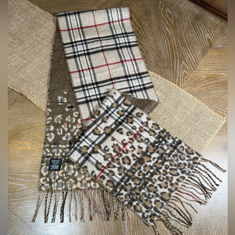 Cashmink Plaid and Cheetah Print Scarf in cream, brown, grey and red